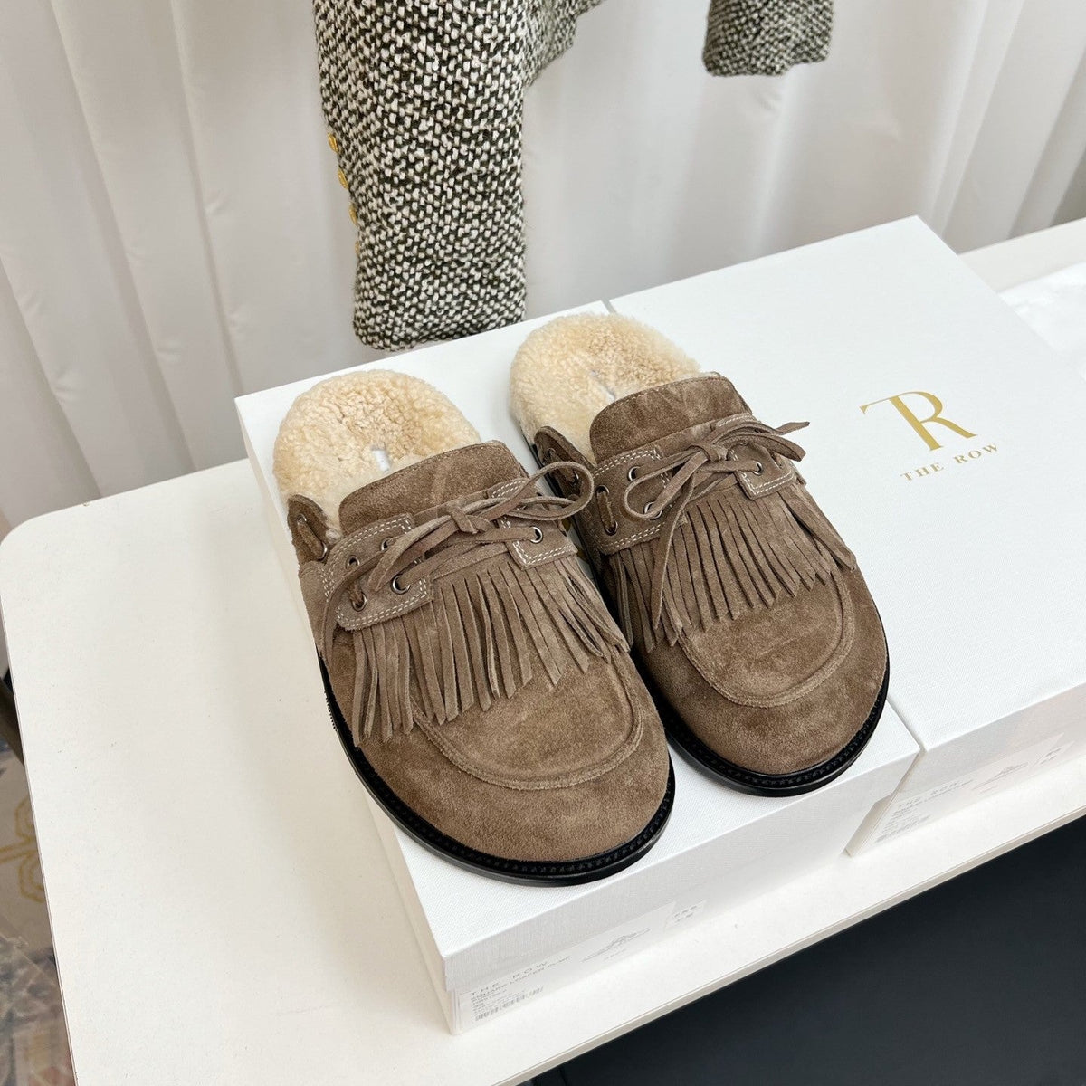 The Row 26s Tassel Mule Flat Taupe Suede 146485