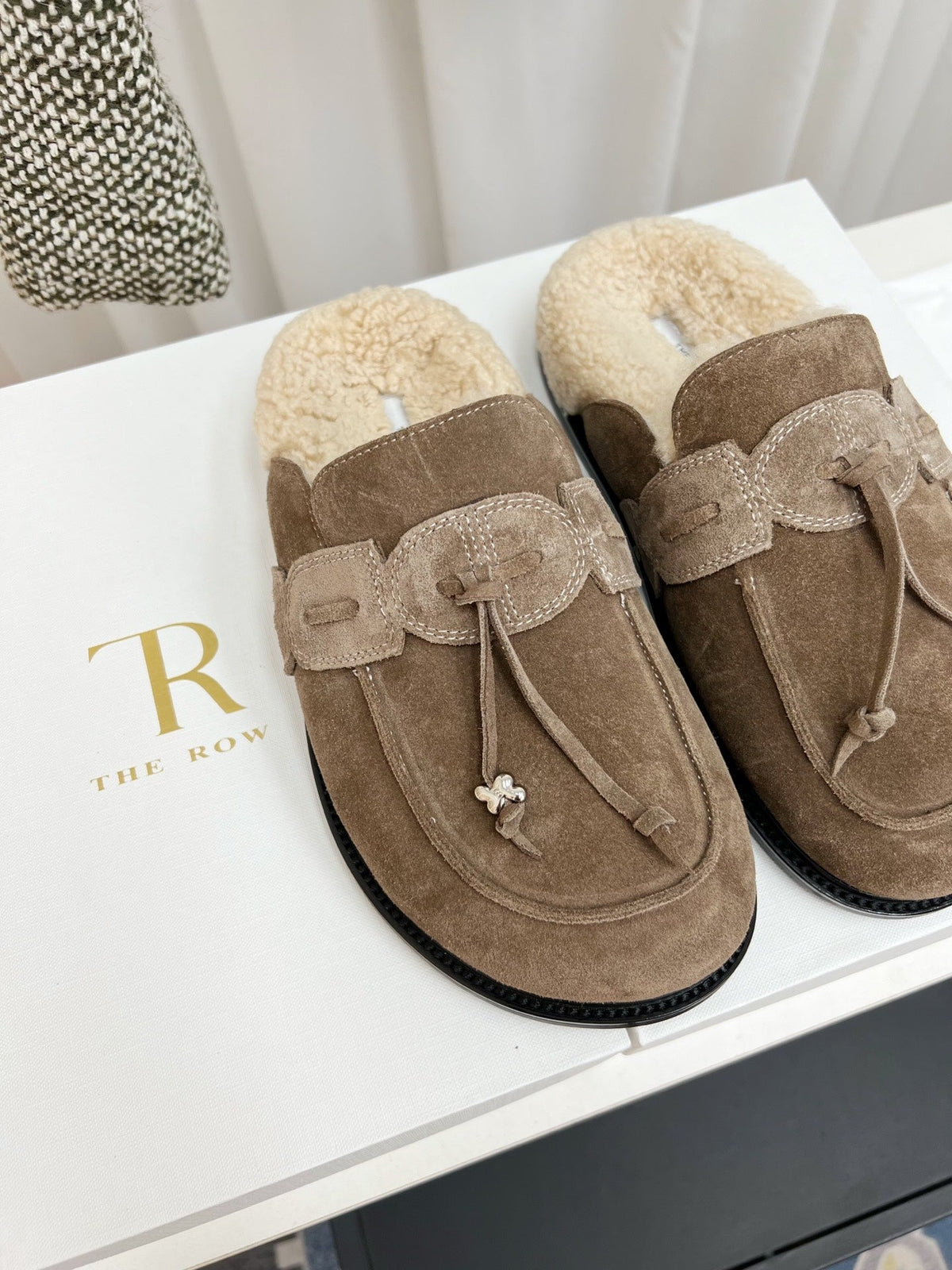 The Row 26s Drawstring Mule Flat Taupe Suede 146483