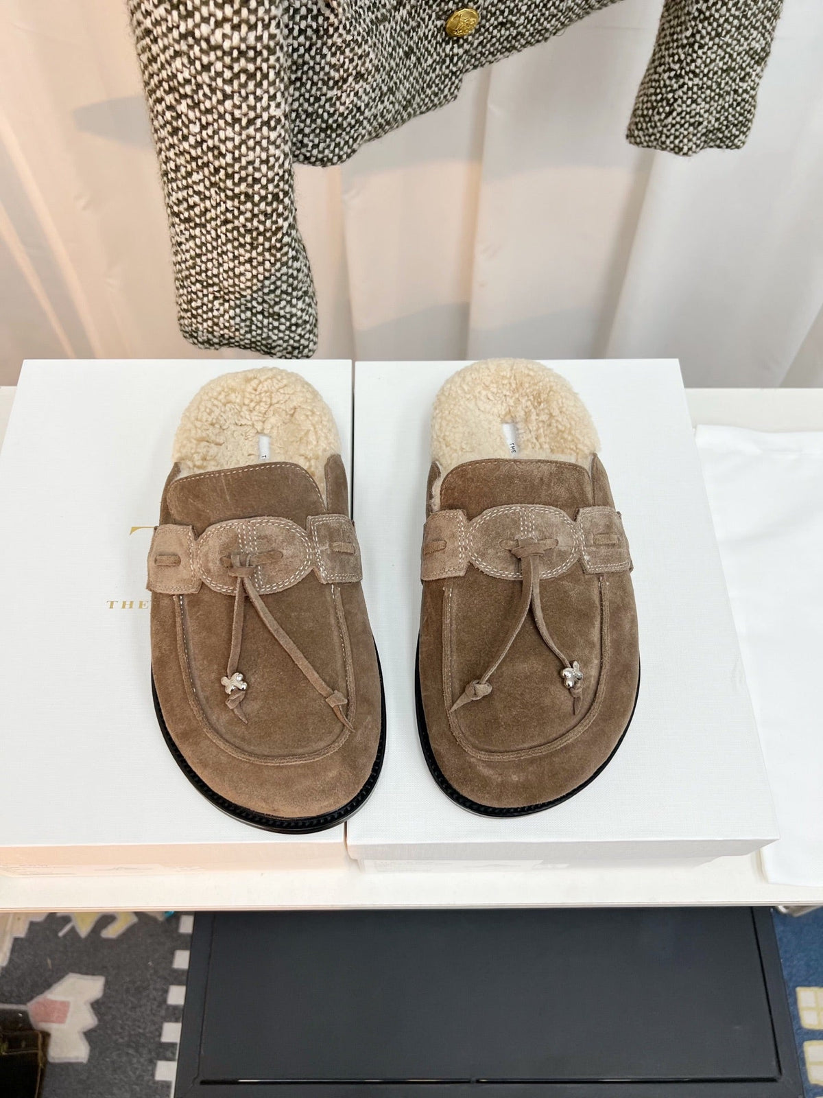 The Row 26s Drawstring Mule Flat Taupe Suede 146483