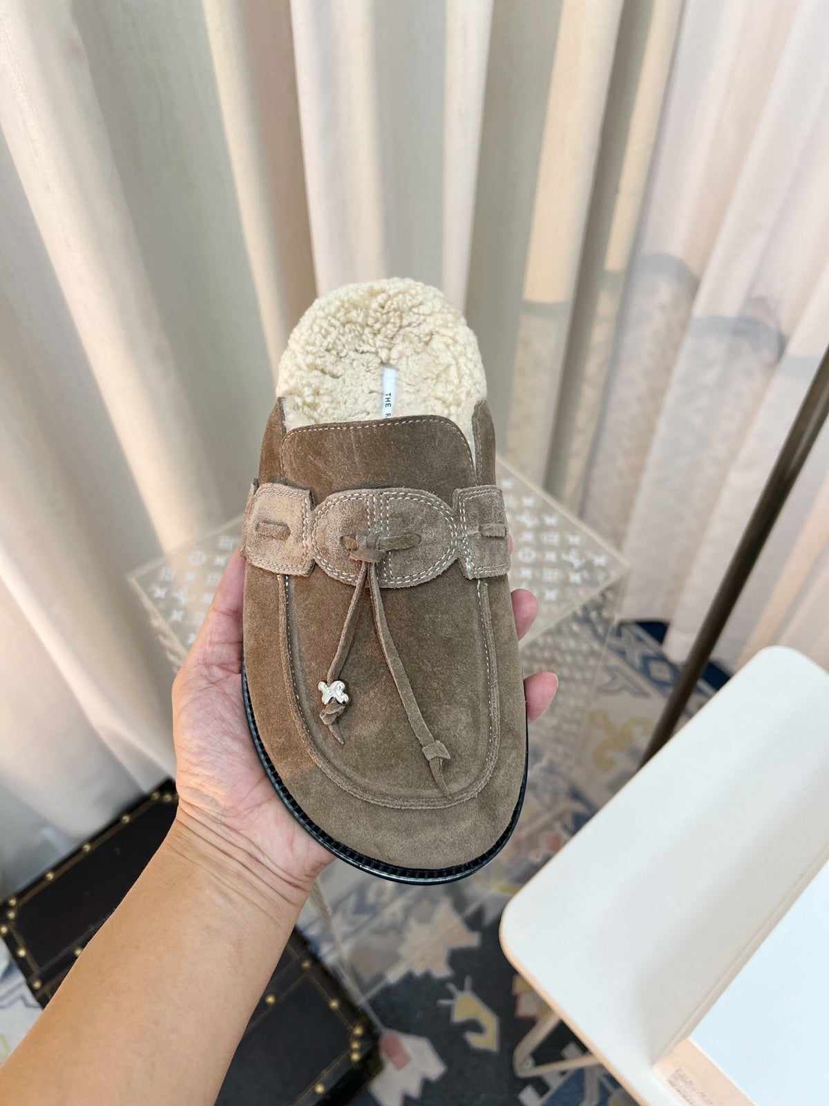 The Row 26s Drawstring Mule Flat Taupe Suede 146483