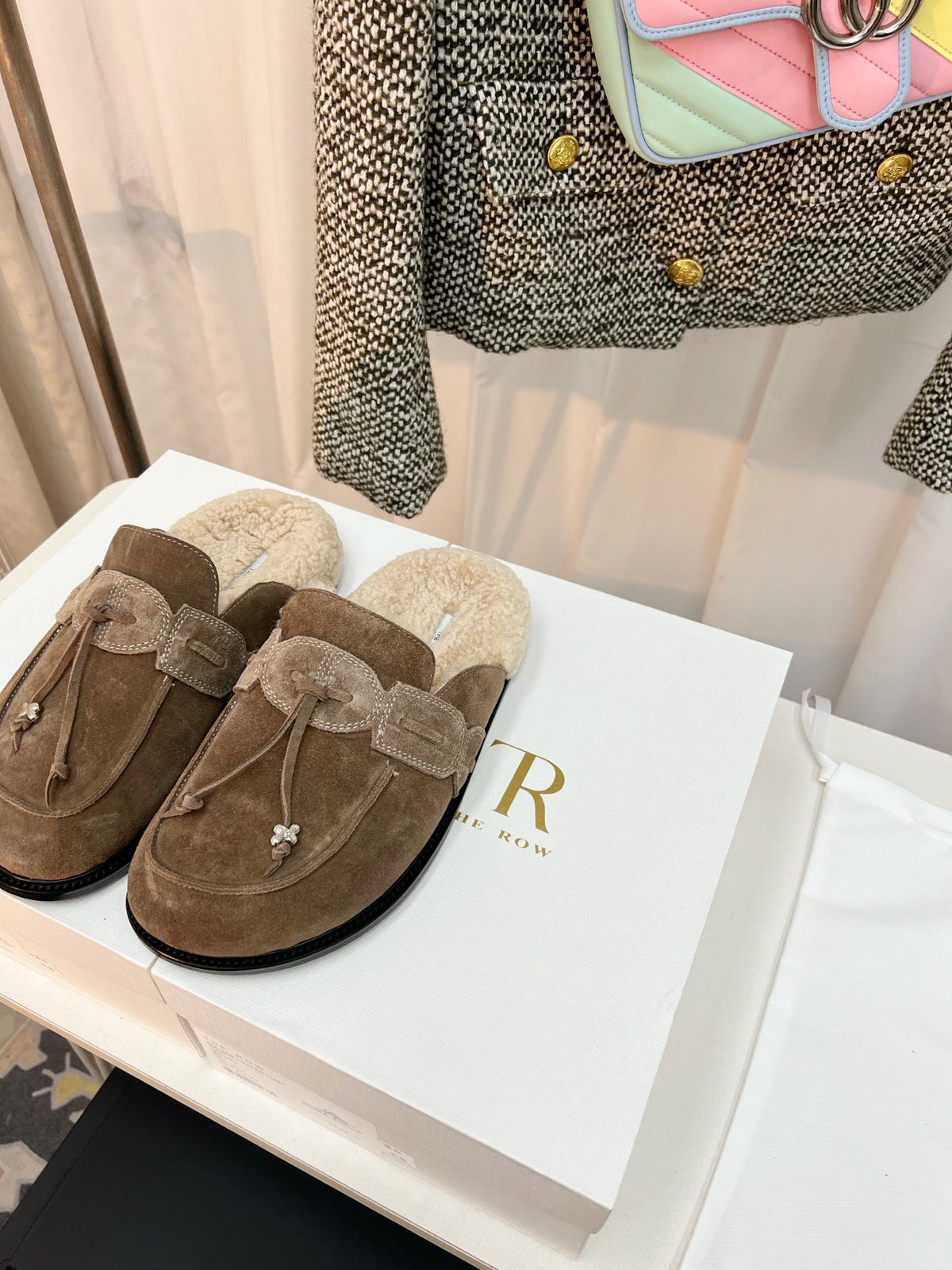 The Row 26s Drawstring Mule Flat Taupe Suede 146483