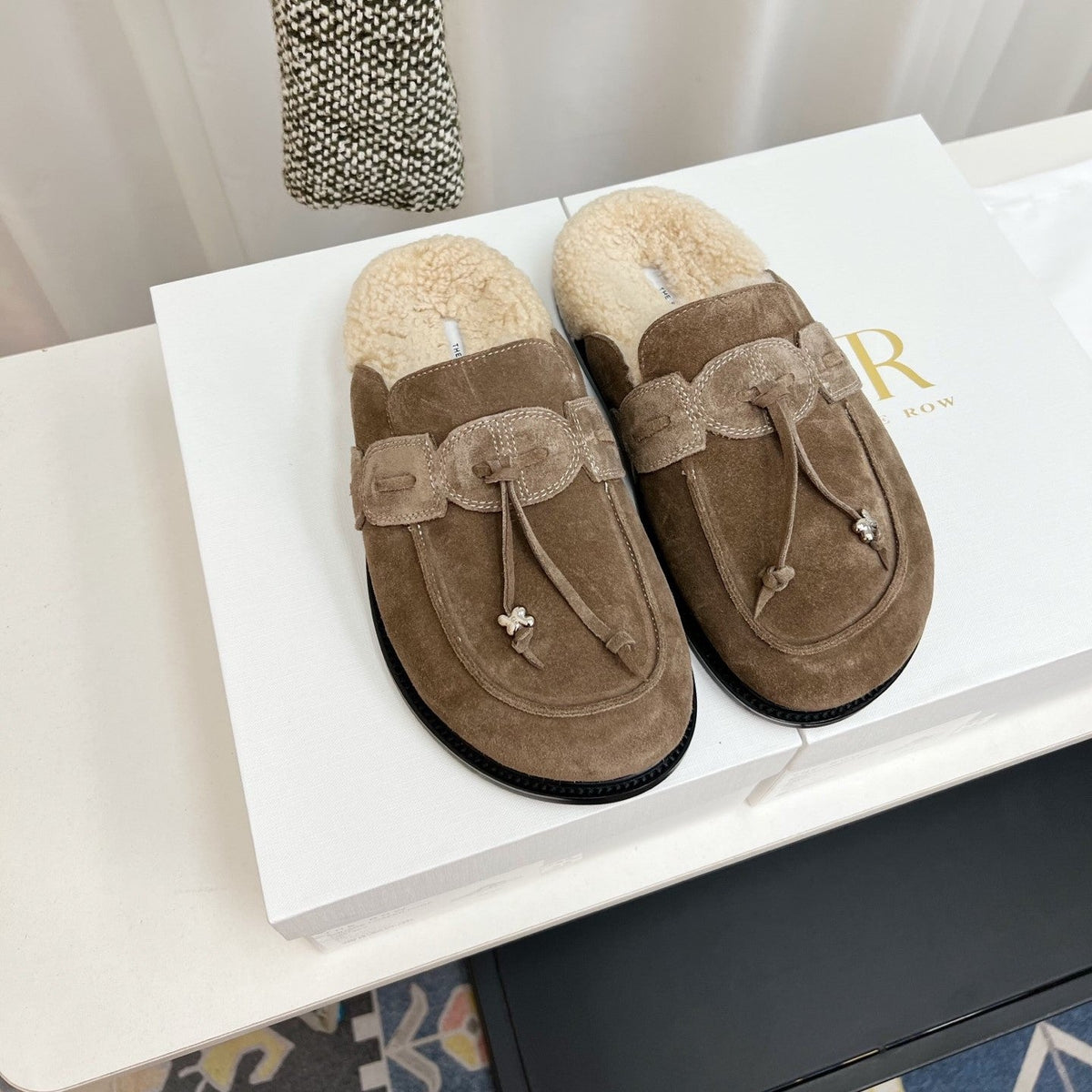 The Row 26s Drawstring Mule Flat Taupe Suede 146483
