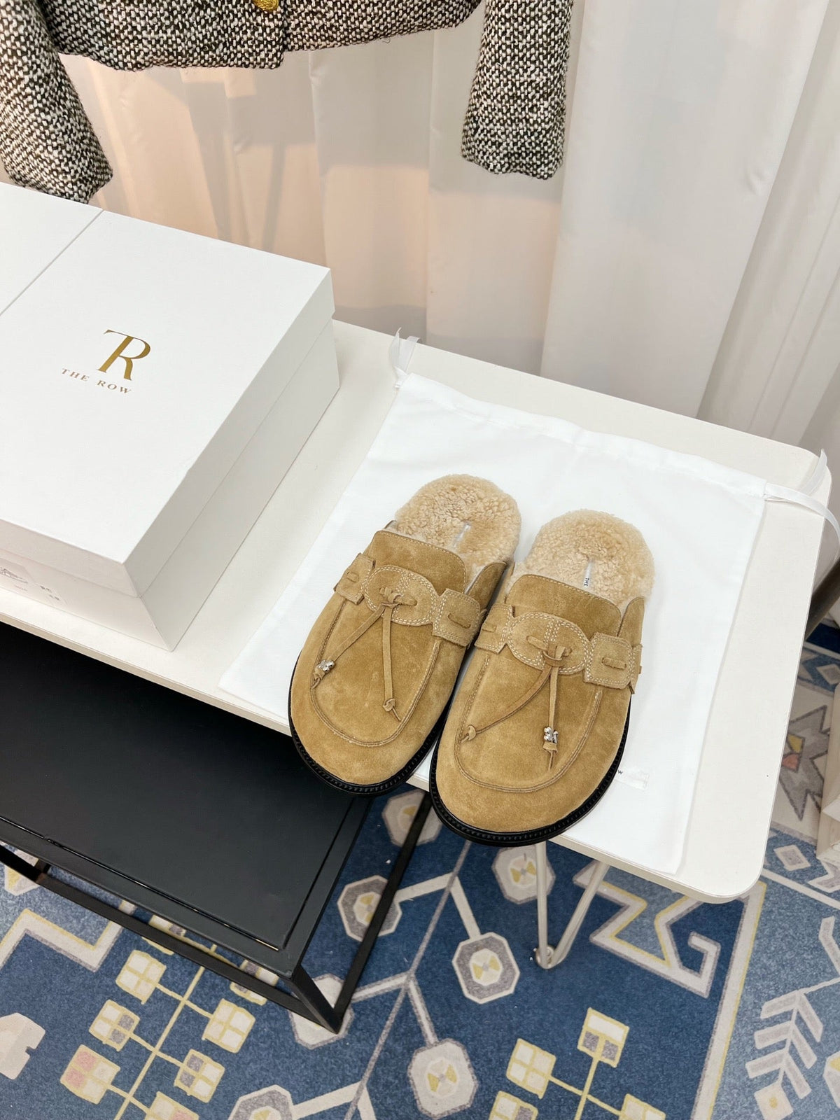 The Row 26s Drawstring Mule Flat Beige Suede 146482