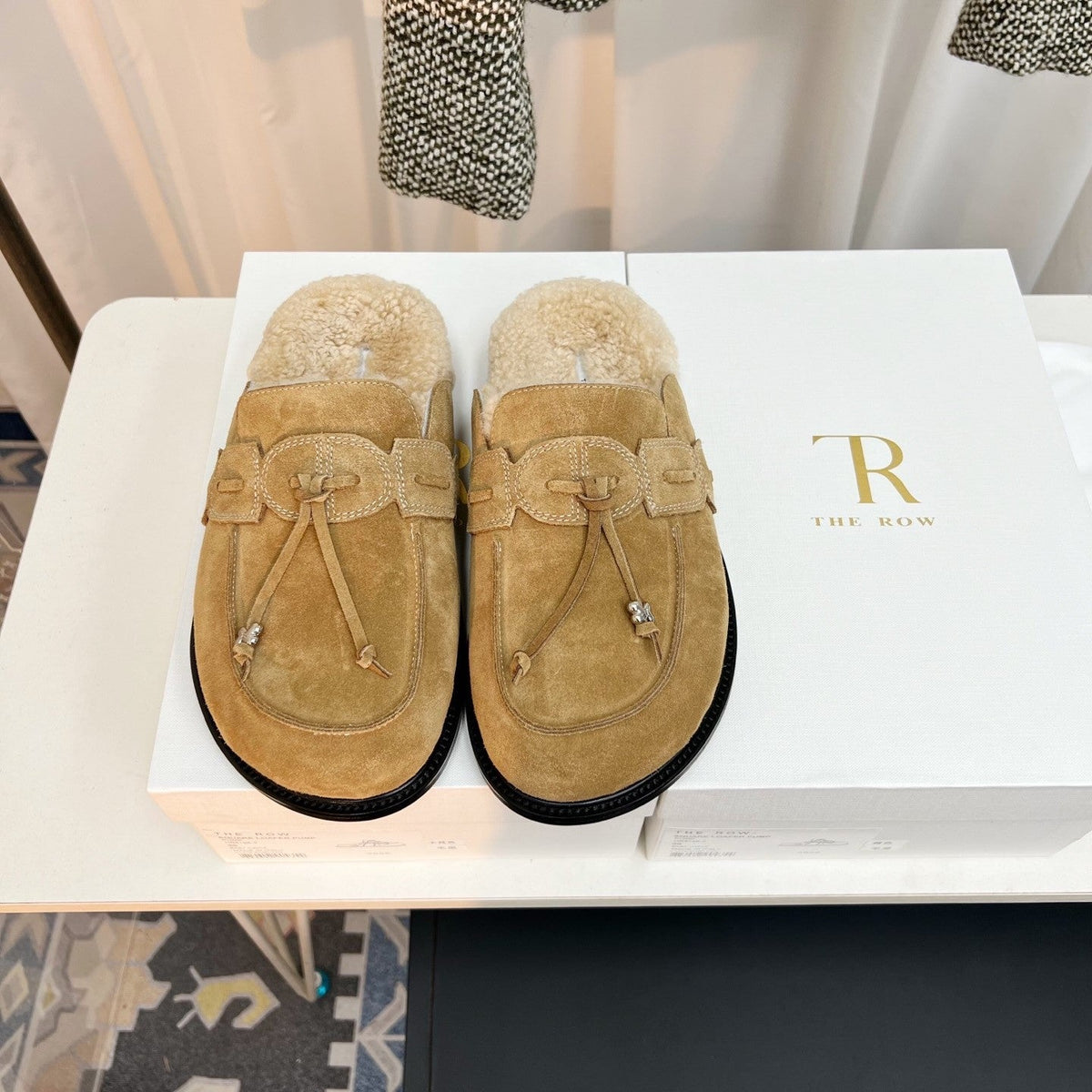 The Row 26s Drawstring Mule Flat Beige Suede 146482