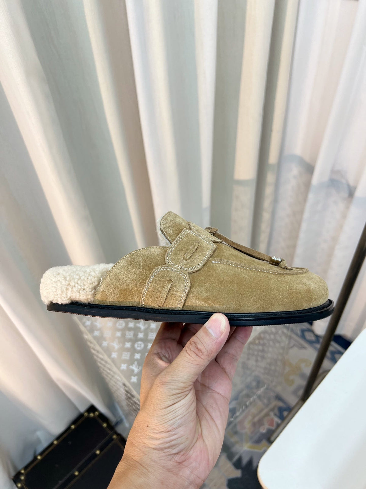 The Row 26s Drawstring Mule Flat Beige Suede 146482