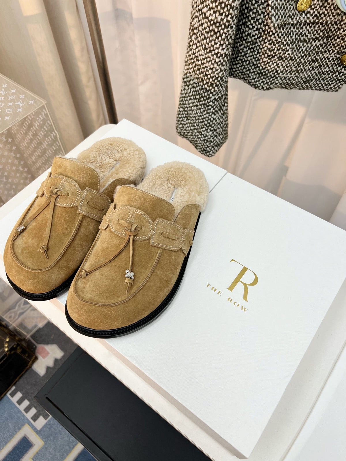 The Row 26s Drawstring Mule Flat Beige Suede 146482