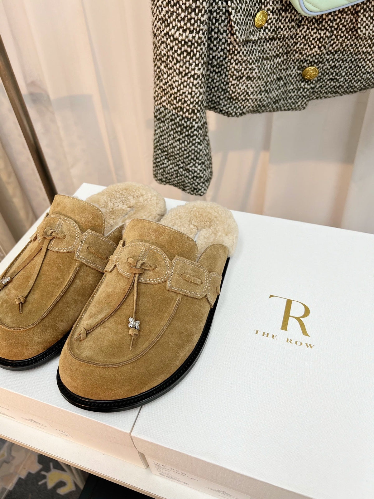 The Row 26s Drawstring Mule Flat Beige Suede 146482