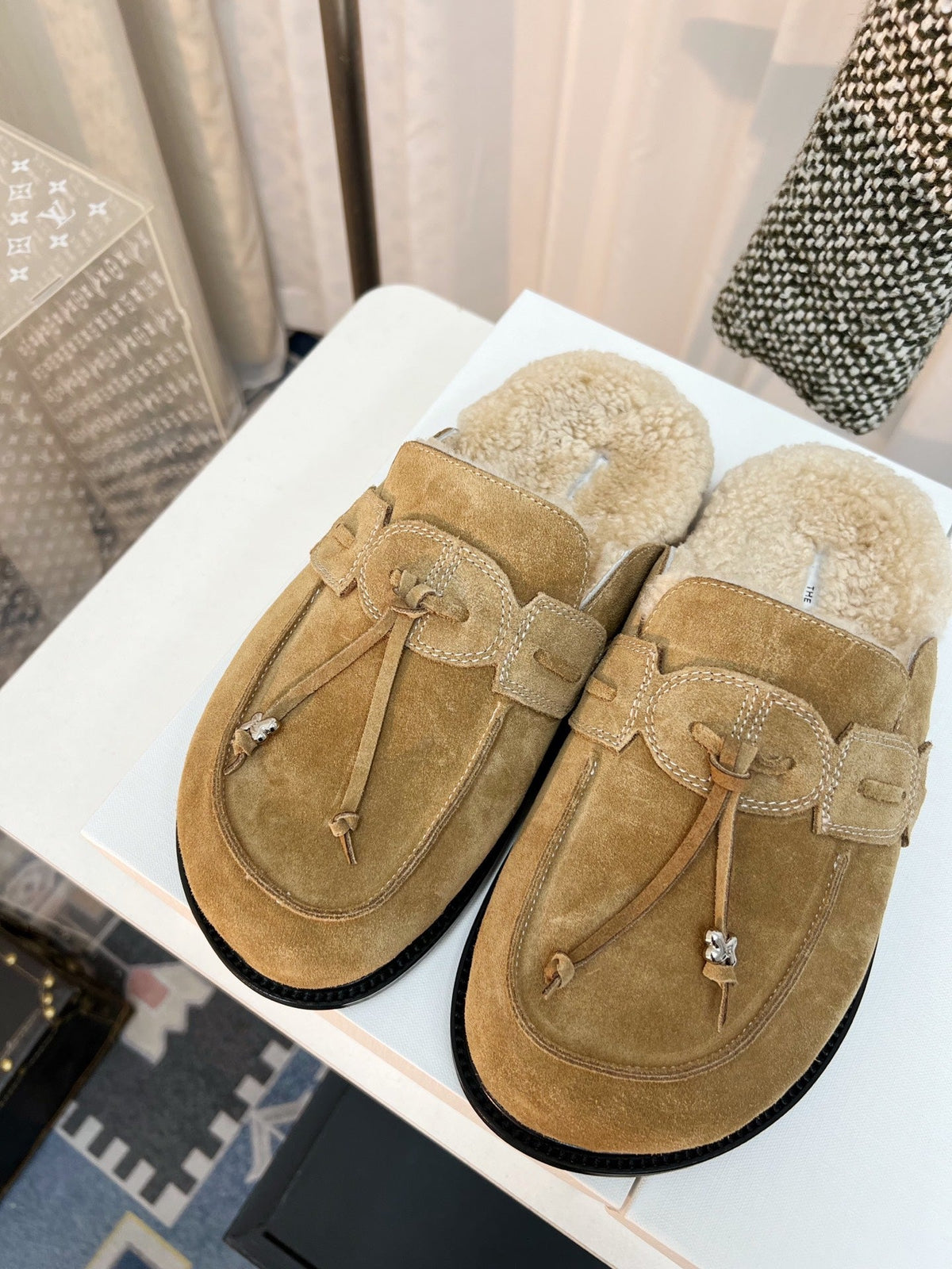 The Row 26s Drawstring Mule Flat Beige Suede 146482