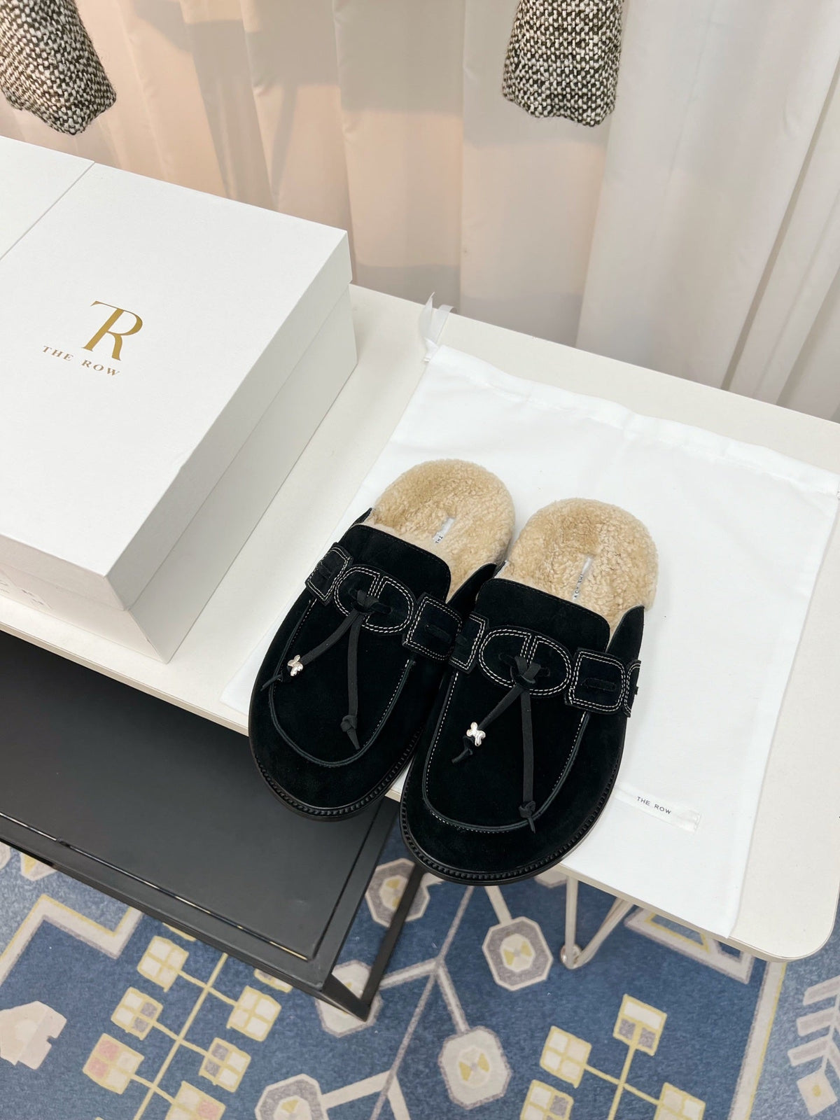 The Row 26s Drawstring Mule Flat Black Suede 146481