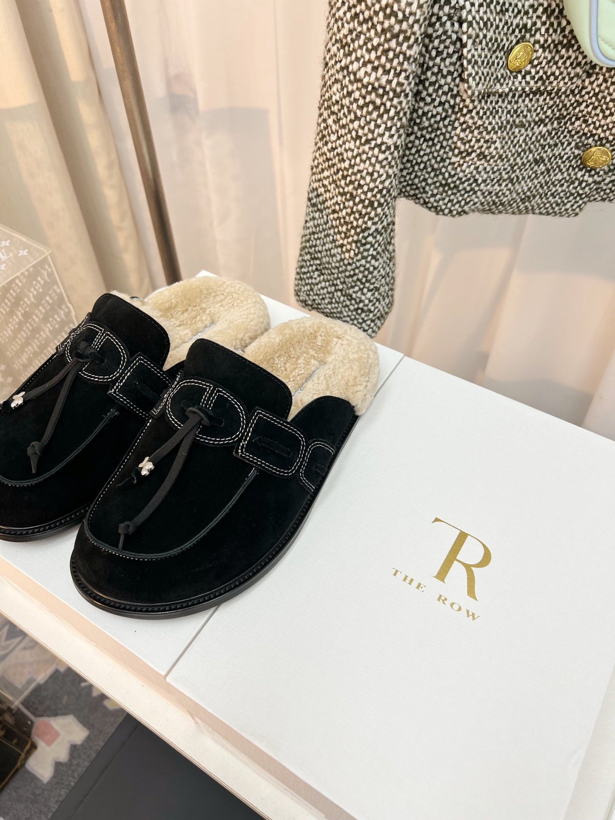 The Row 26s Drawstring Mule Flat Black Suede 146481