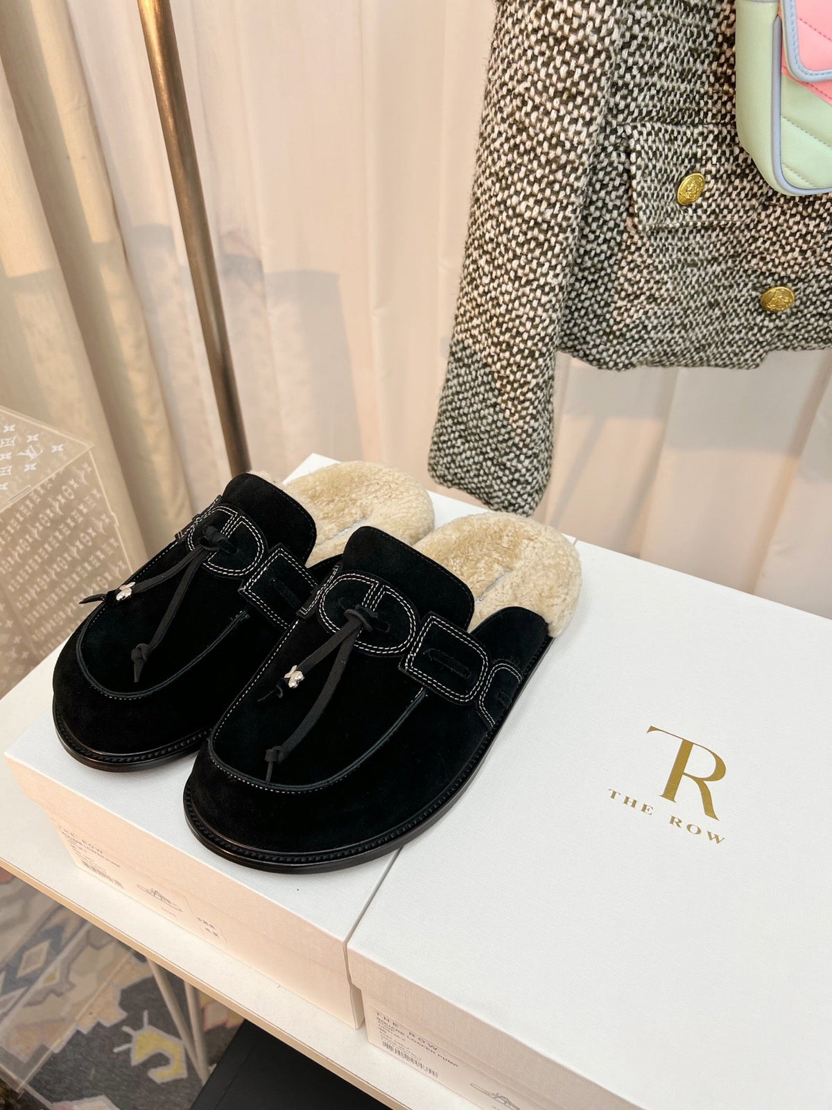 The Row 26s Drawstring Mule Flat Black Suede 146481