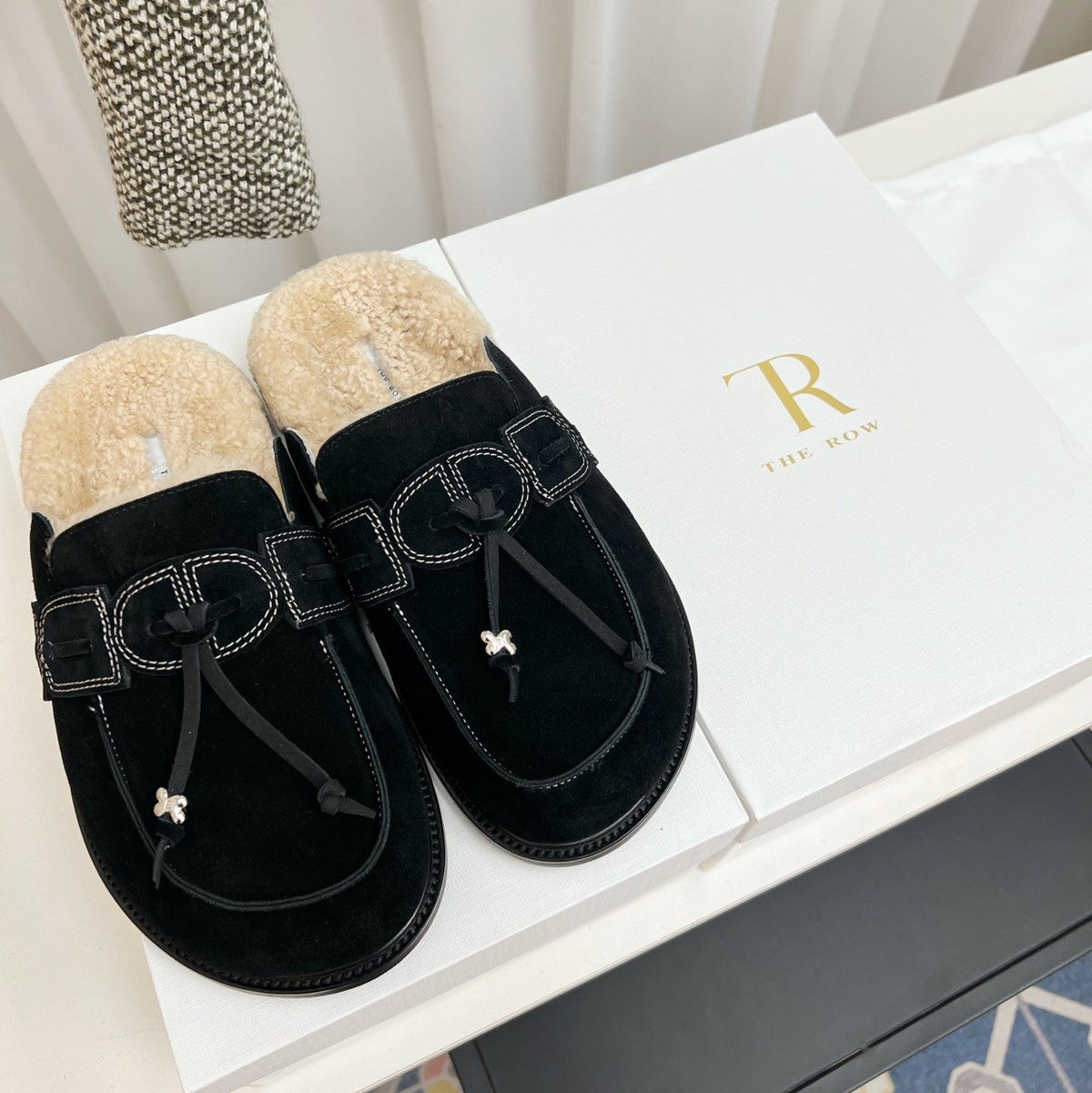 The Row 26s Drawstring Mule Flat Black Suede 146481