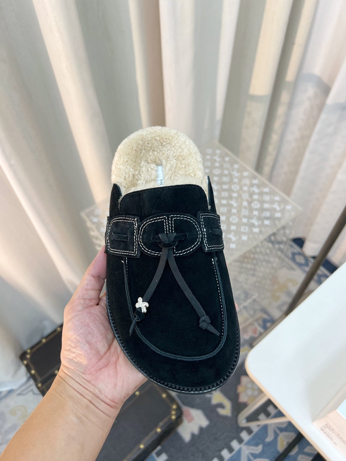 The Row 26s Drawstring Mule Flat Black Suede 146481