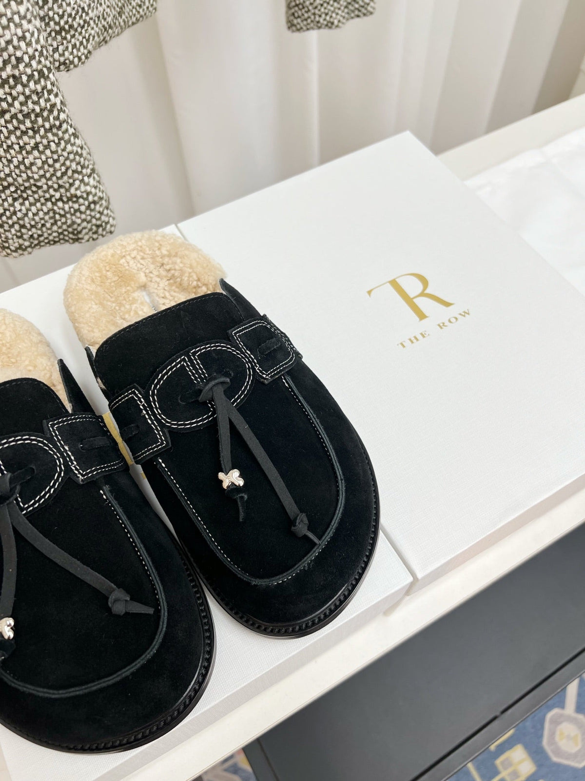The Row 26s Drawstring Mule Flat Black Suede 146481
