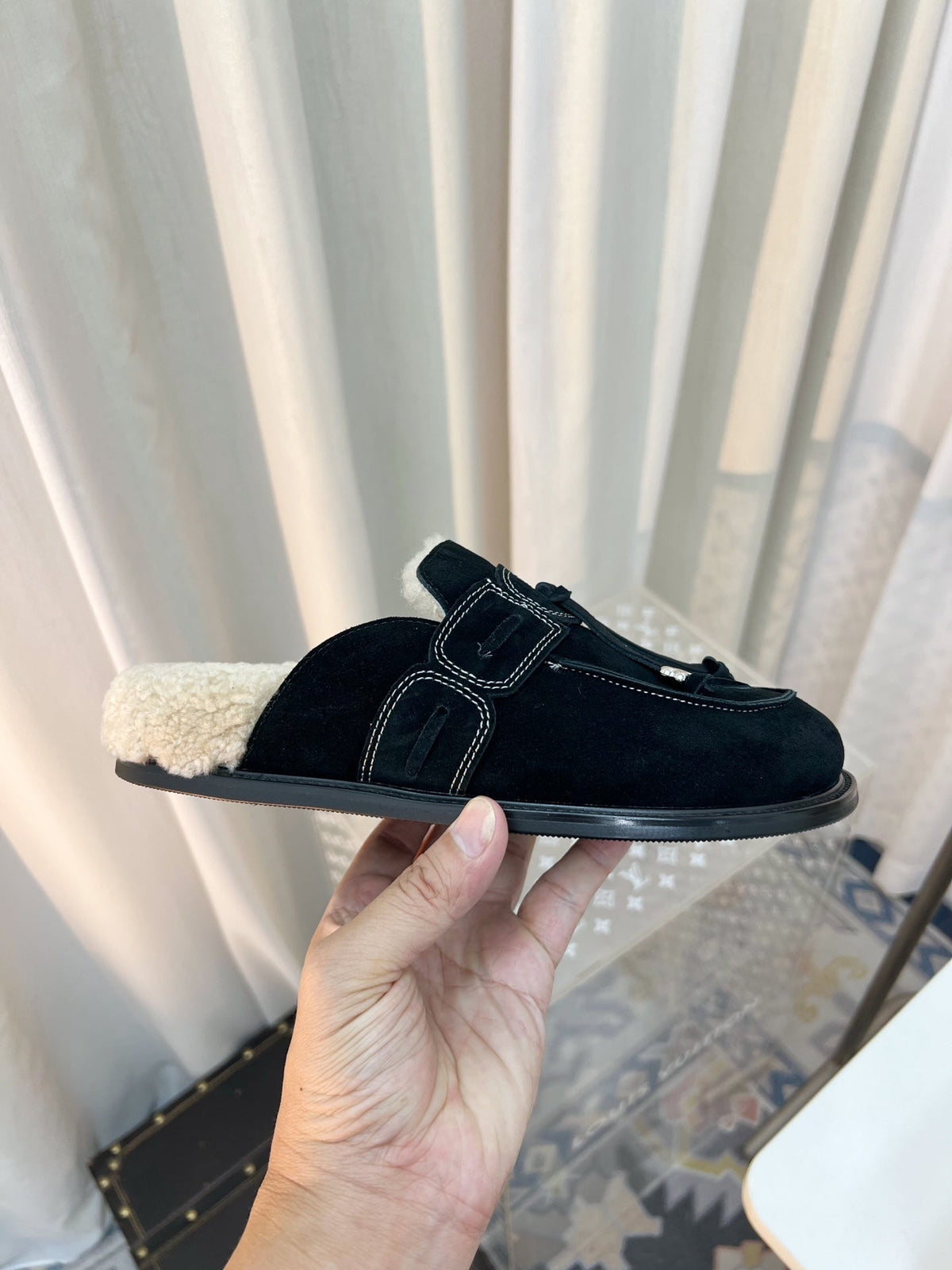 The Row 26s Drawstring Mule Flat Black Suede 146481