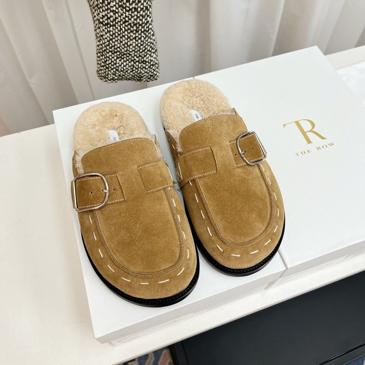 The Row 26s Buckle Mule Flat Beige Suede 146480