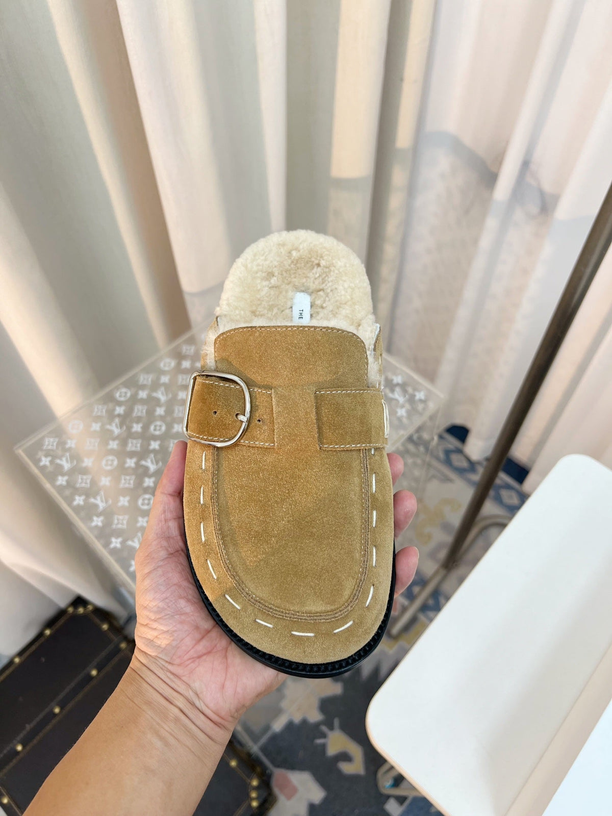 The Row 26s Buckle Mule Flat Beige Suede 146480