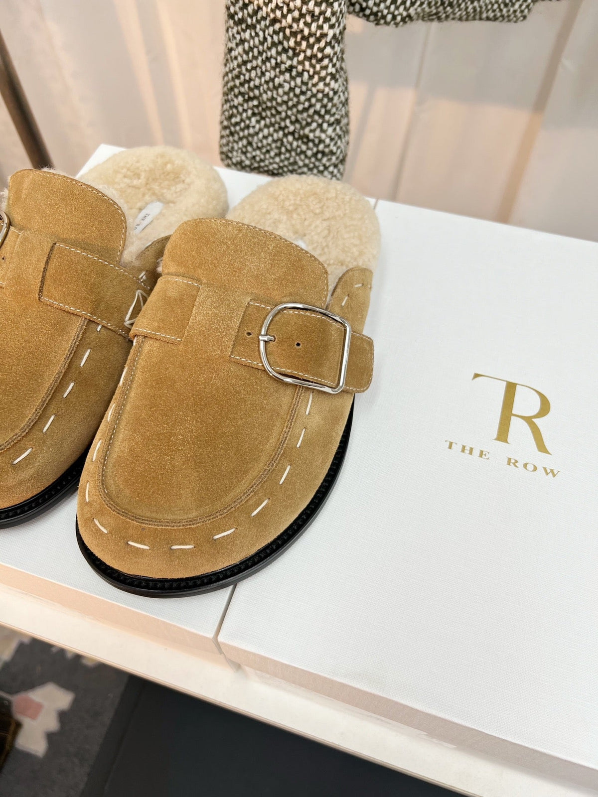 The Row 26s Buckle Mule Flat Beige Suede 146480