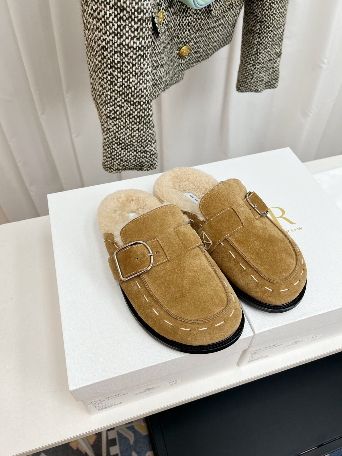 The Row 26s Buckle Mule Flat Beige Suede 146480