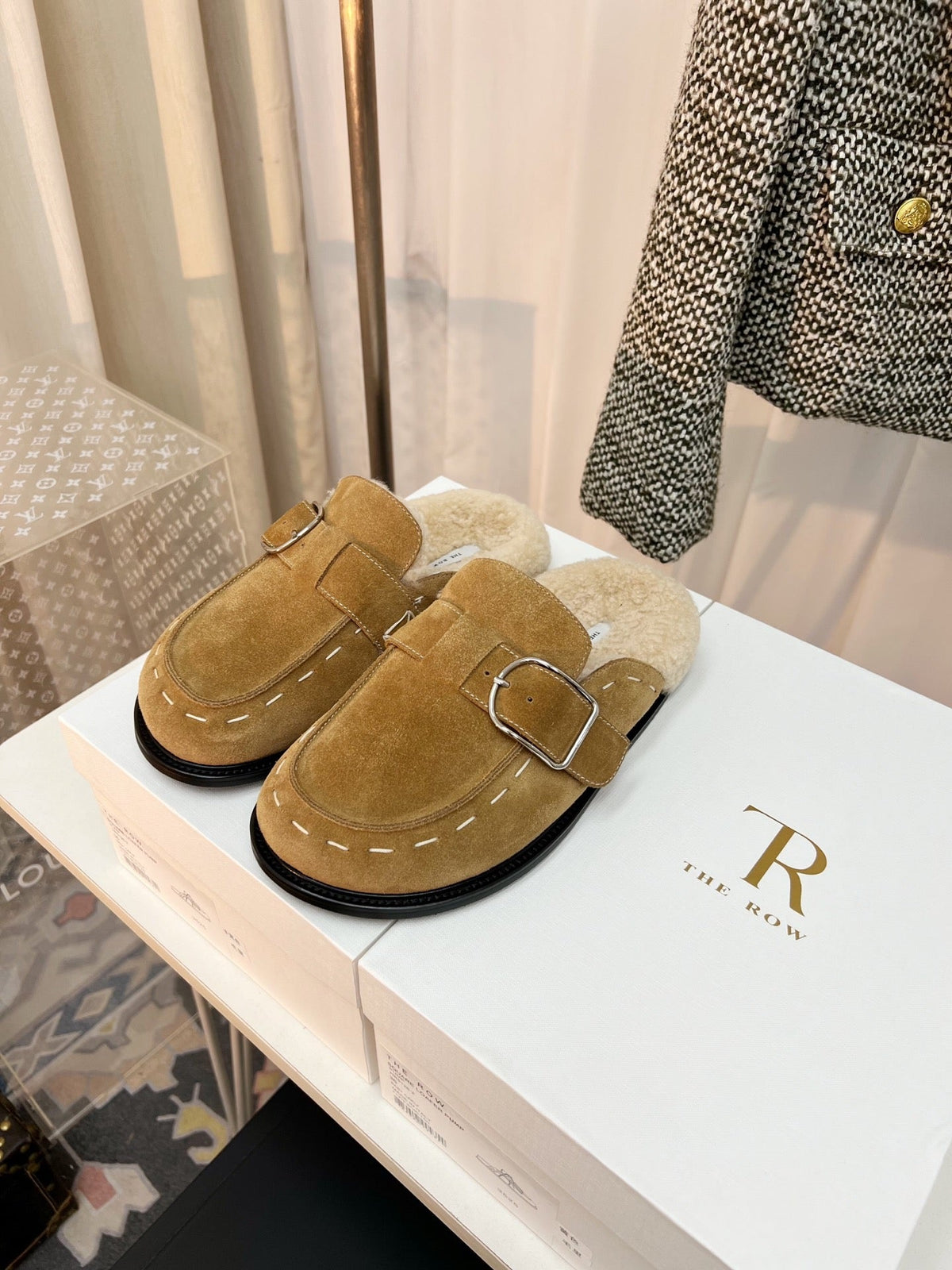 The Row 26s Buckle Mule Flat Beige Suede 146480