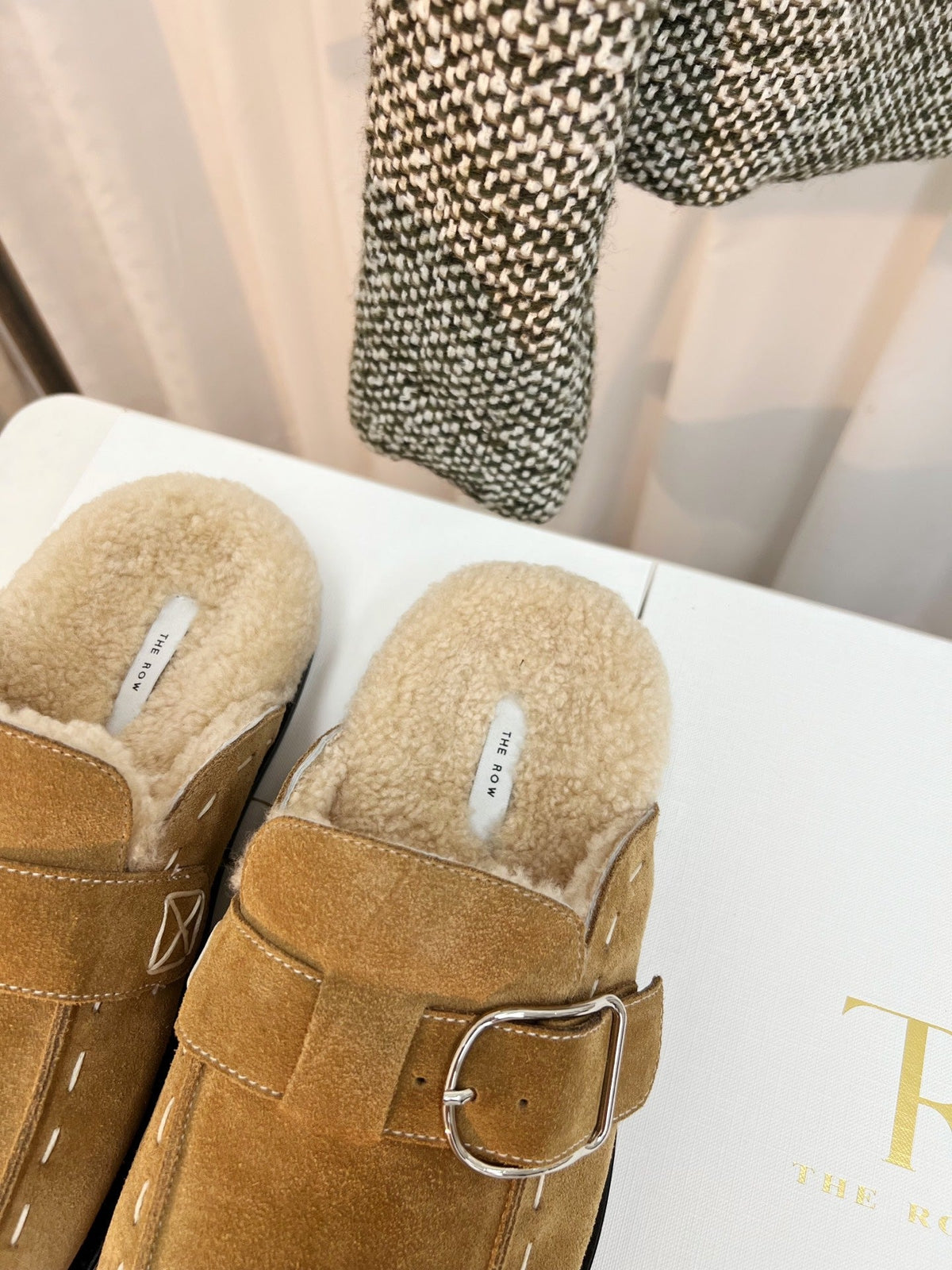 The Row 26s Buckle Mule Flat Beige Suede 146480