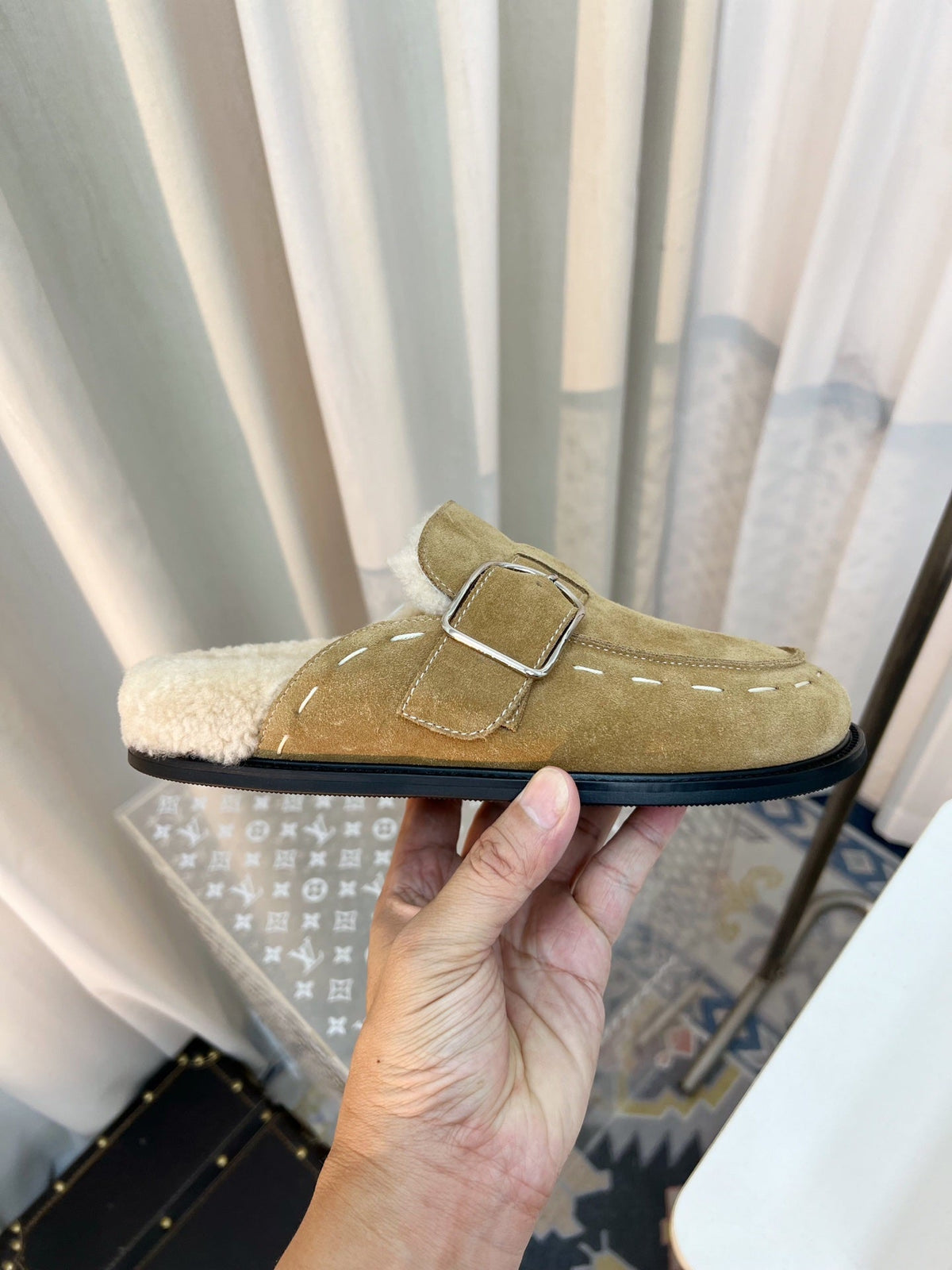 The Row 26s Buckle Mule Flat Beige Suede 146480