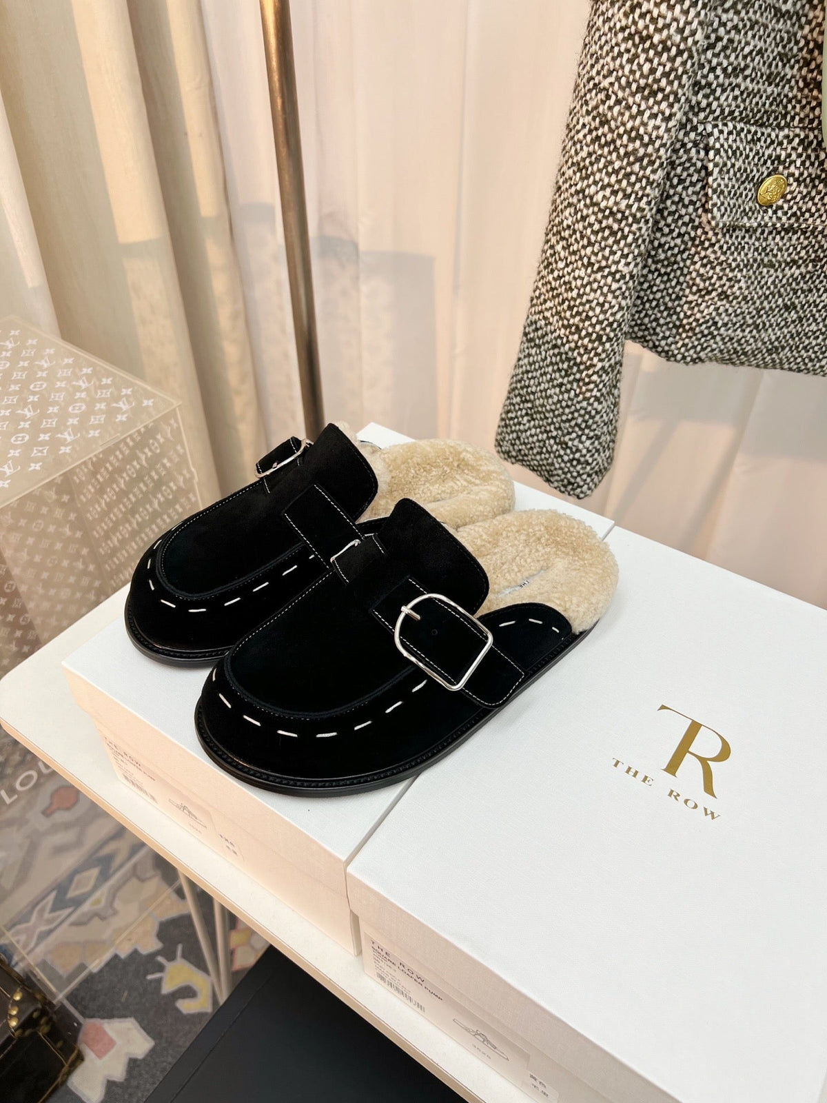 The Row 26s Buckle Mule Flat Black Suede 146478