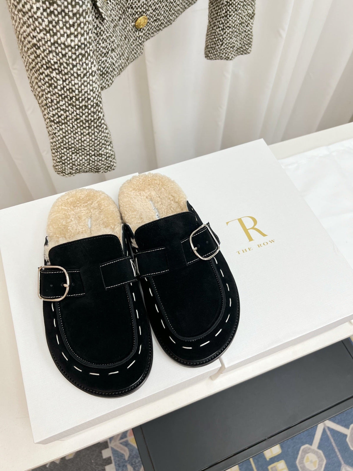 The Row 26s Buckle Mule Flat Black Suede 146478