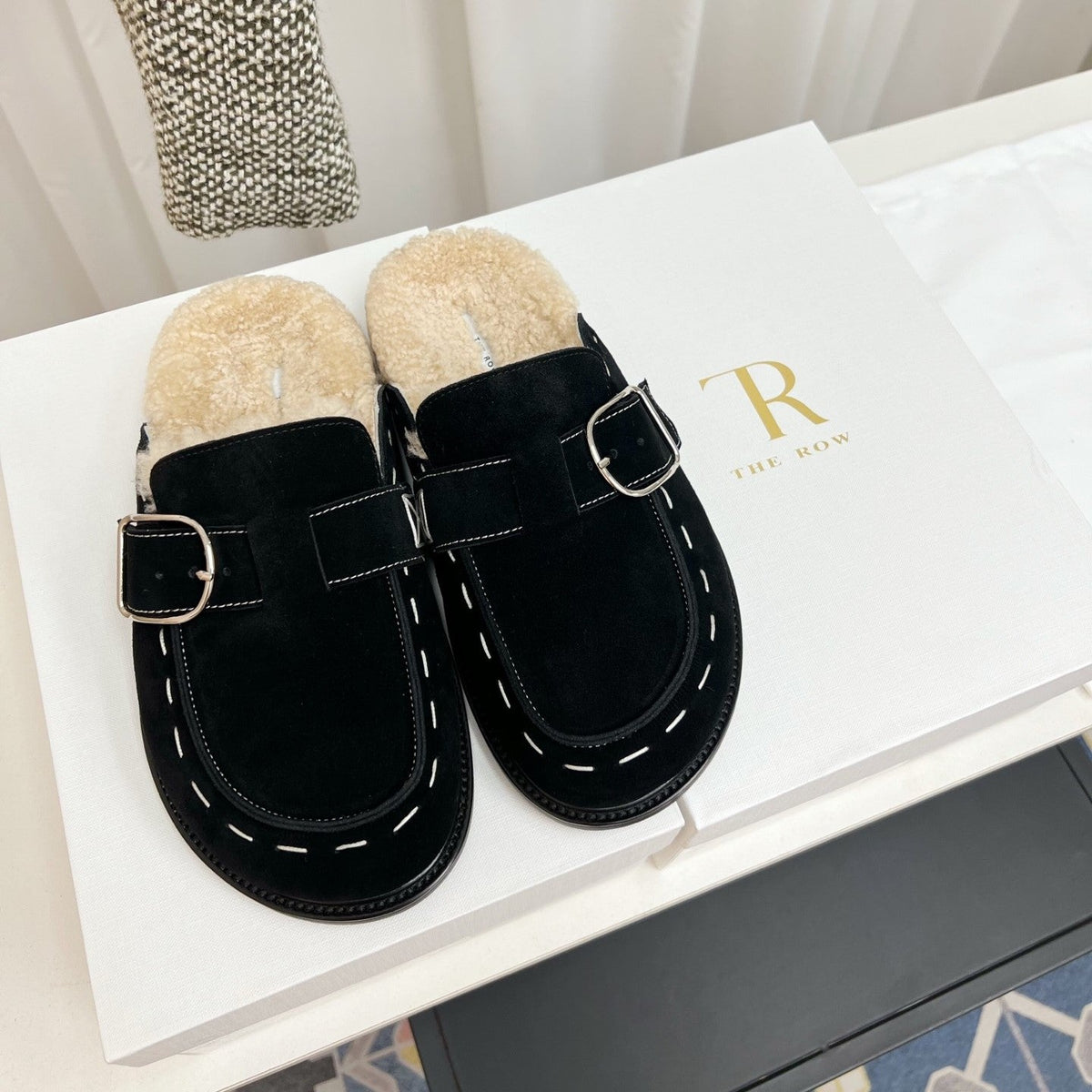 The Row 26s Buckle Mule Flat Black Suede 146478