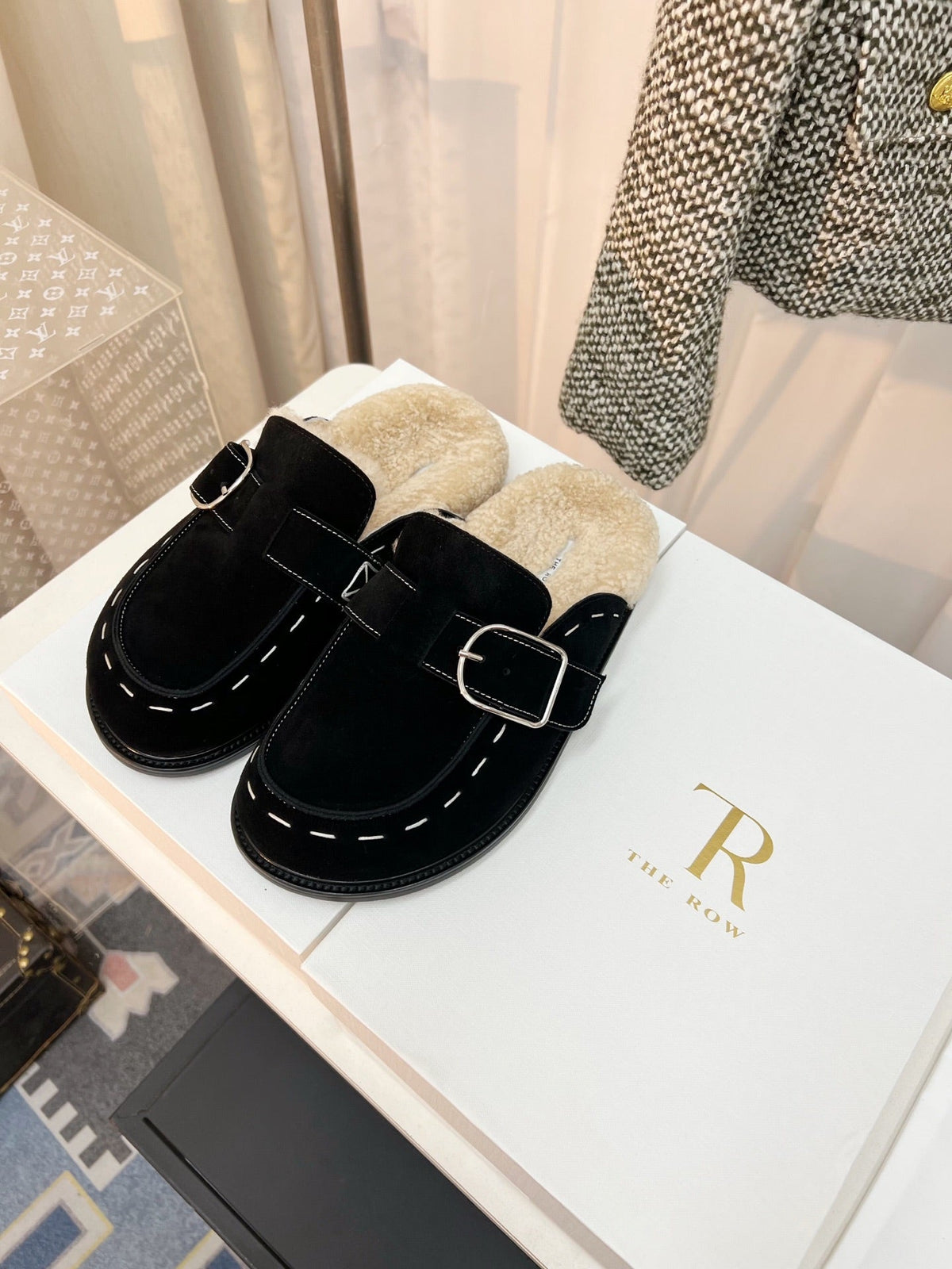 The Row 26s Buckle Mule Flat Black Suede 146478
