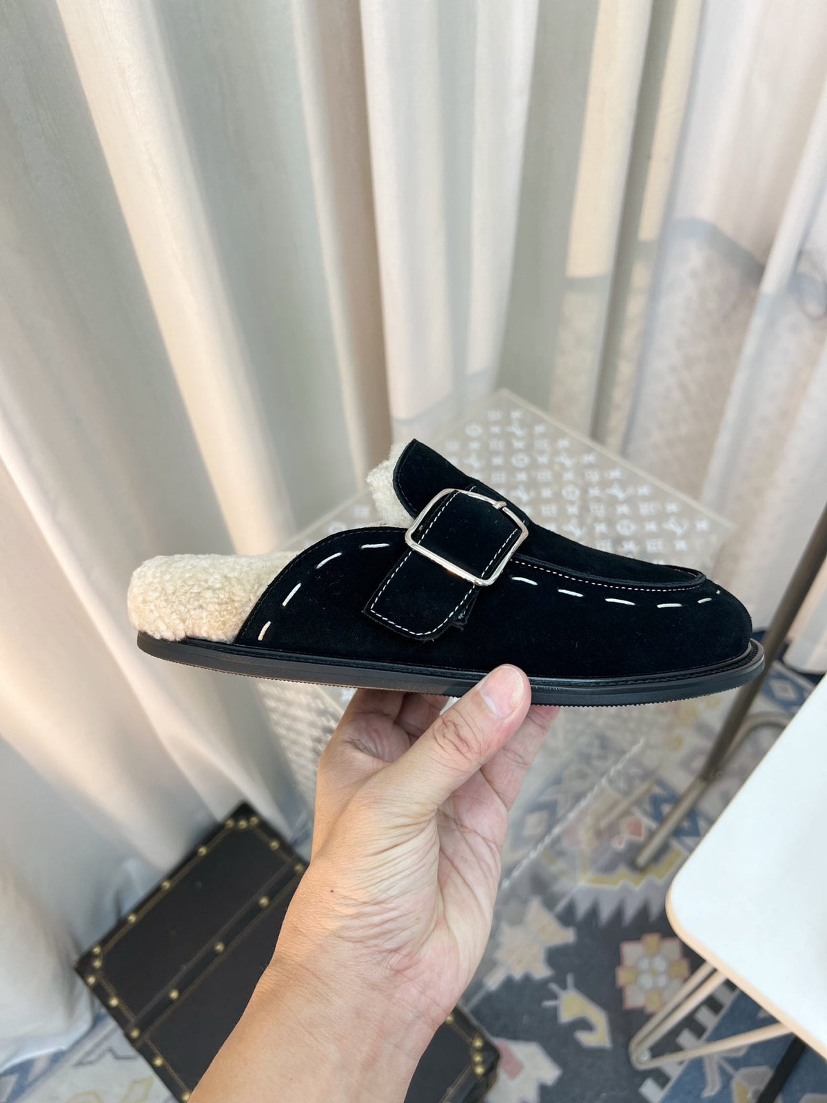 The Row 26s Buckle Mule Flat Black Suede 146478
