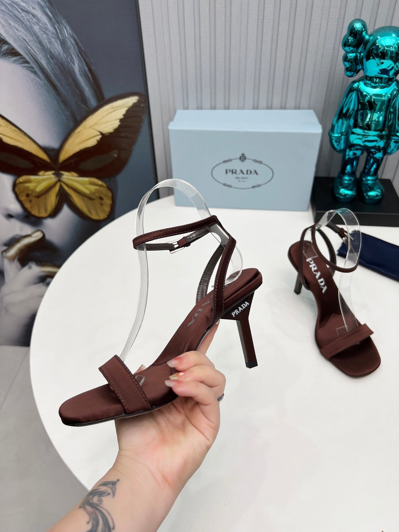 Prada 26s Ankle Strap Sandals Stiletto Heel 80mm In Dark Brown Satin