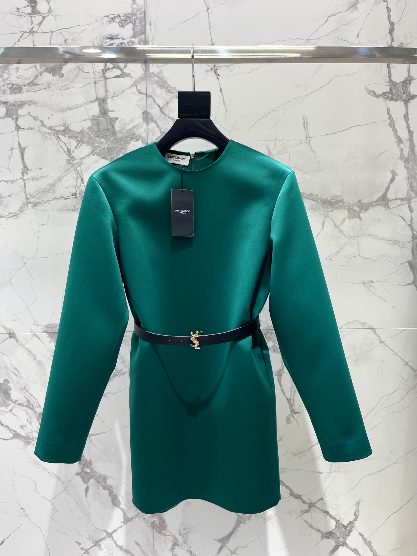 YSL Loose-fitting Wide-shouldered Dress Teal Green Satin