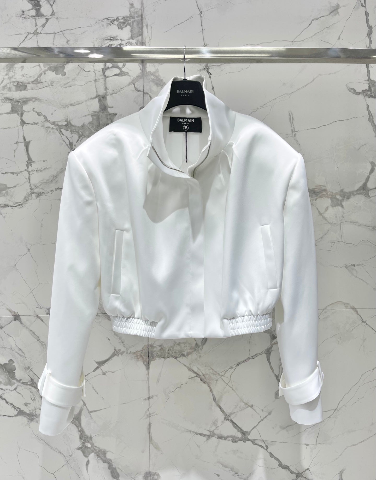 Balmain 26s Padded Shoulder Acetate Short Jacket White Polyester 408621
