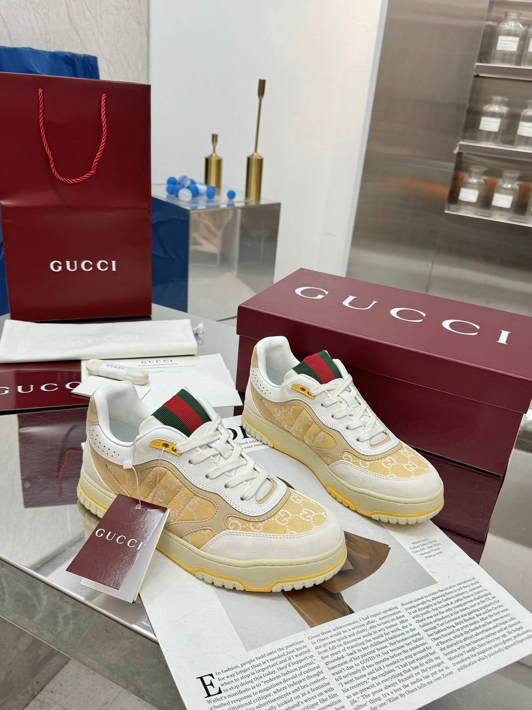 GG Re-Web Sneakers Light Yellow White Suede Cowhide Fabric 564718