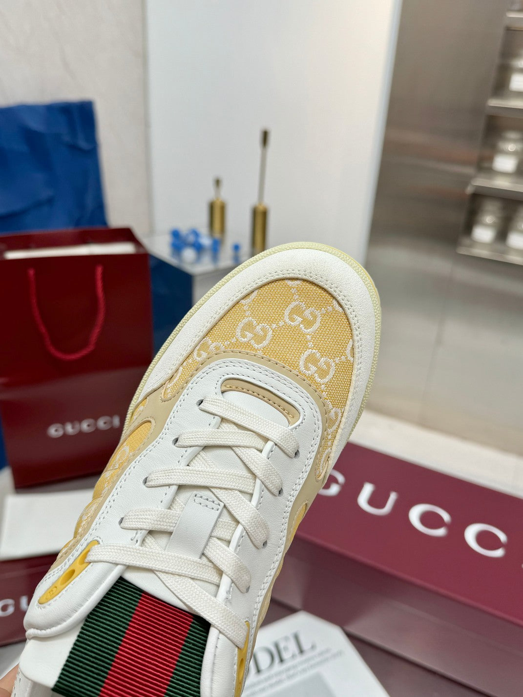 GG Re-Web Sneakers Light Yellow White Suede Cowhide Fabric 564718