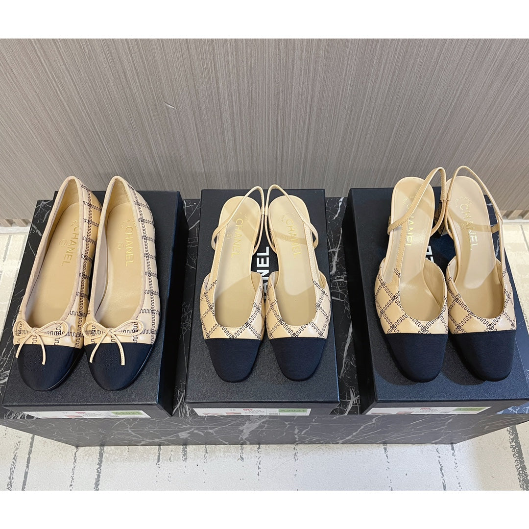 CC 26s Ballerinas Slingbacks CC Logo Beige Black Canvas Leather 108839