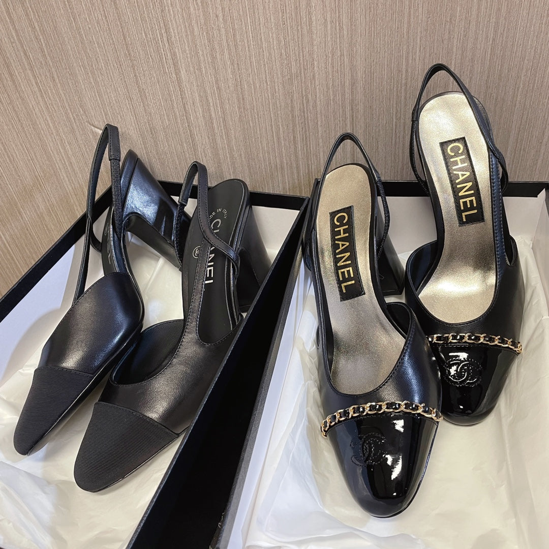 CC 26s Slingbacks Heels Black Leather Patent Canvas 108829