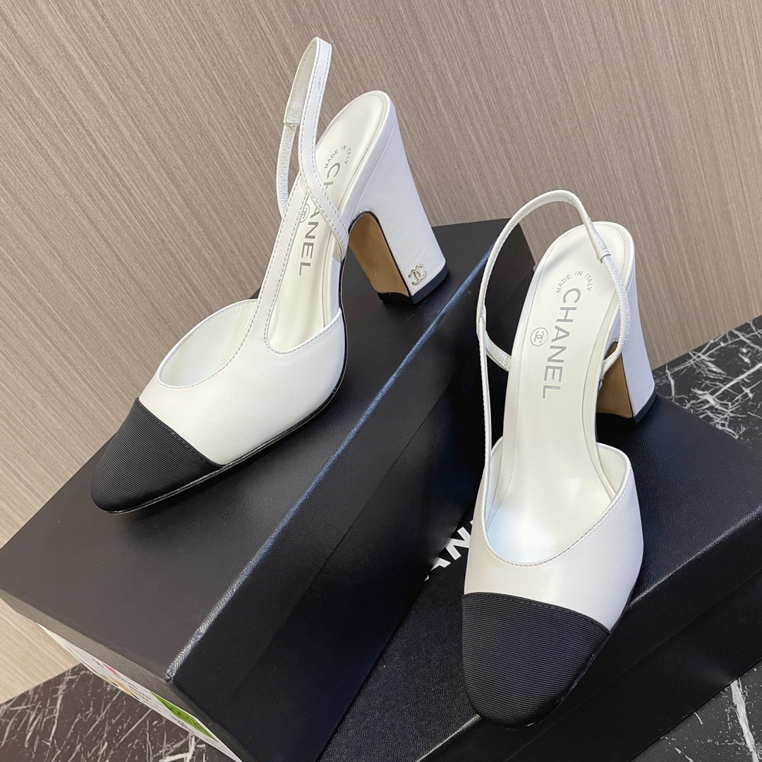 CC 26s Slingbacks Heels White Black Leather Patent Canvas 108830