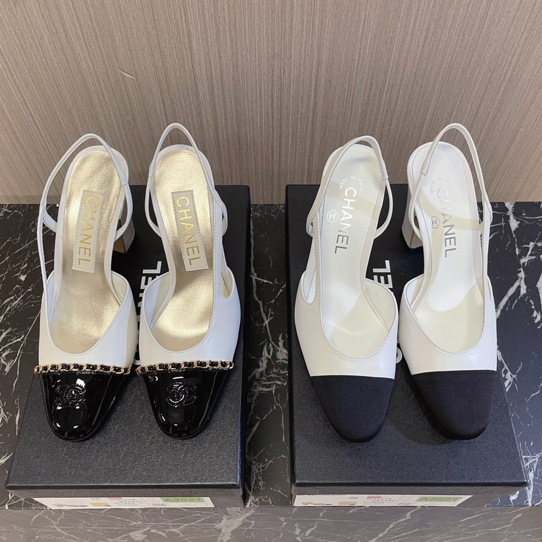 CC 26s Slingbacks Heels White Black Leather Patent Canvas 108830