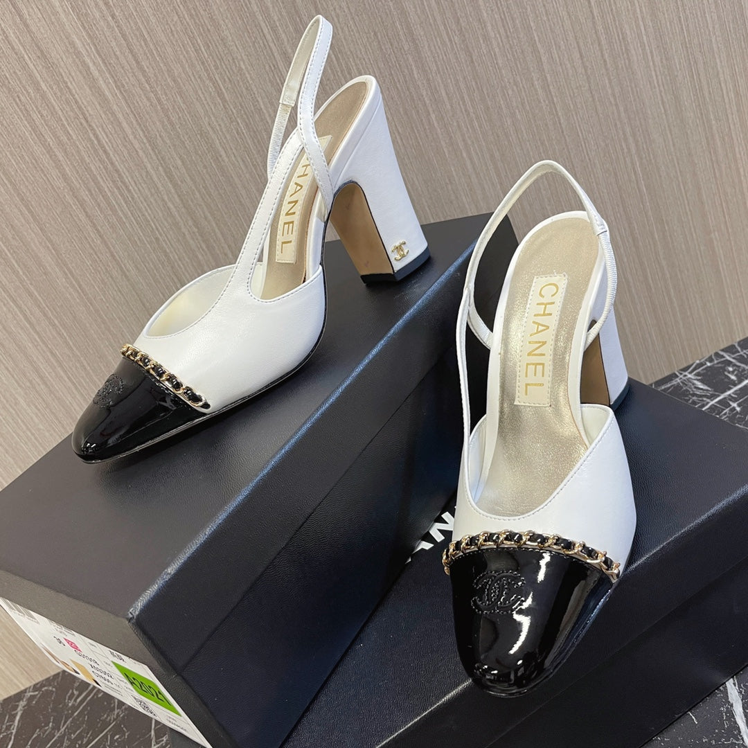 CC 26s Slingbacks Heels White Black Leather Patent Canvas 108830