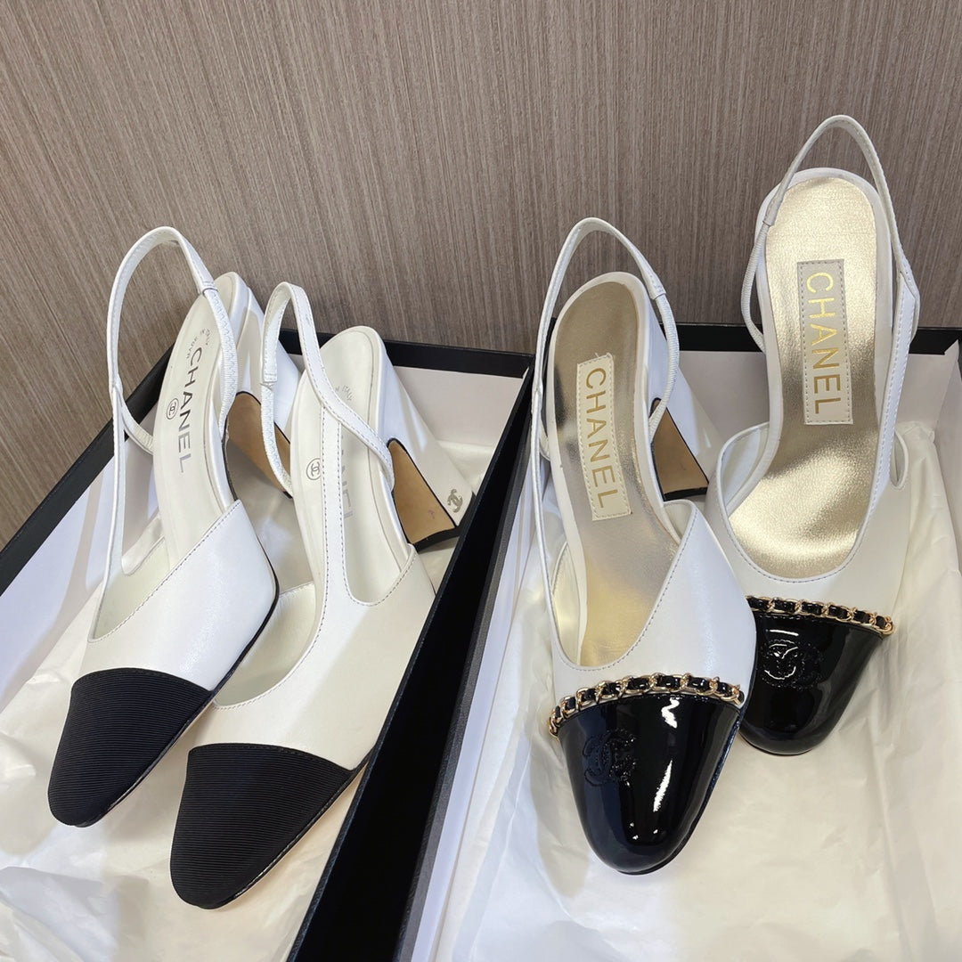 CC 26s Slingbacks Heels White Black Leather Patent Canvas 108830