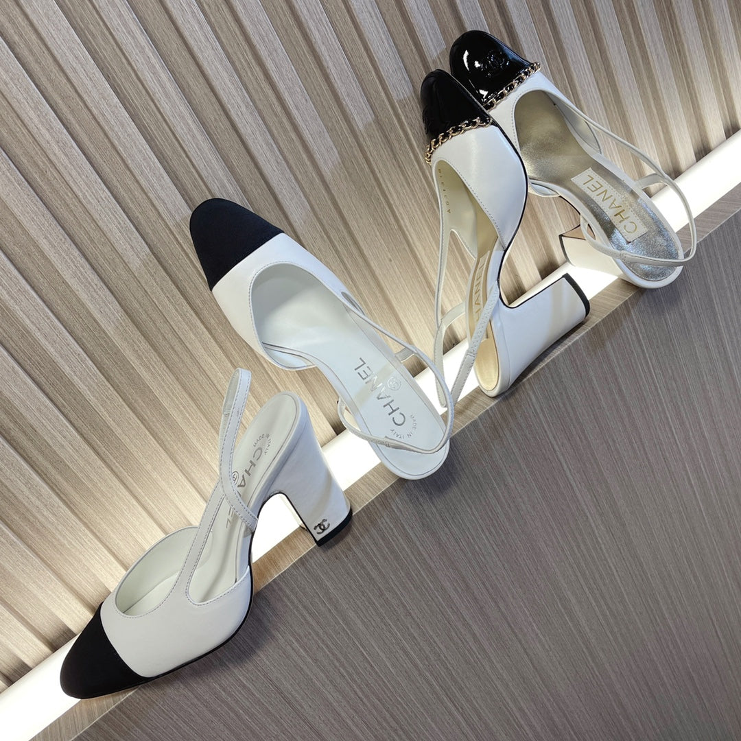 CC 26s Slingbacks Heels White Black Leather Patent Canvas 108830