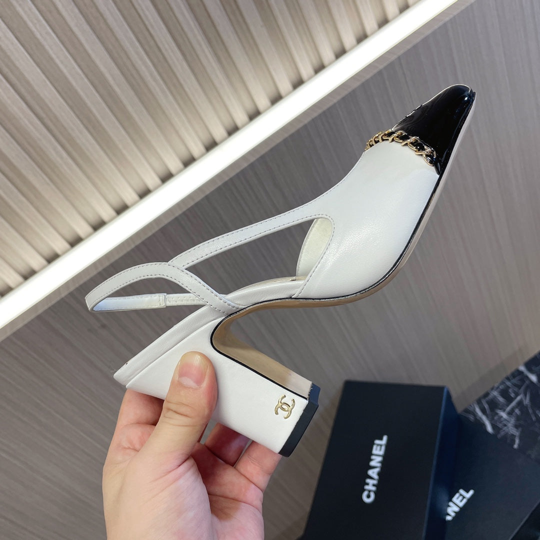 CC 26s Slingbacks Heels White Black Leather Patent Canvas 108830