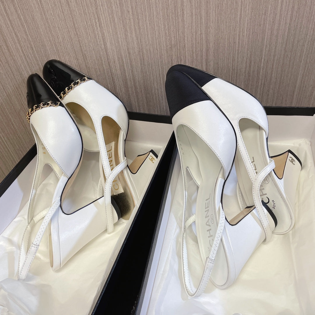 CC 26s Slingbacks Heels White Black Leather Patent Canvas 108830