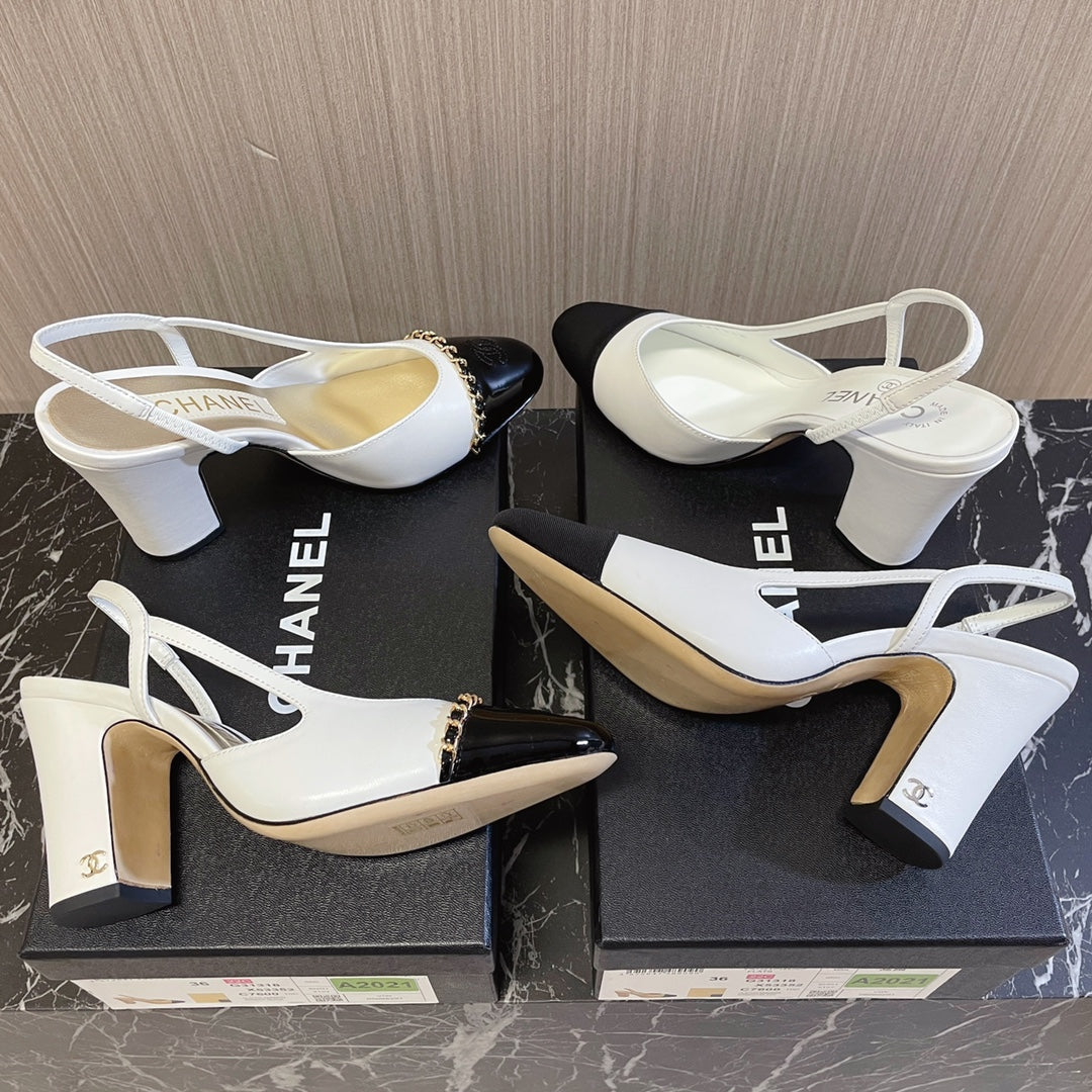 CC 26s Slingbacks Heels White Black Leather Patent Canvas 108830