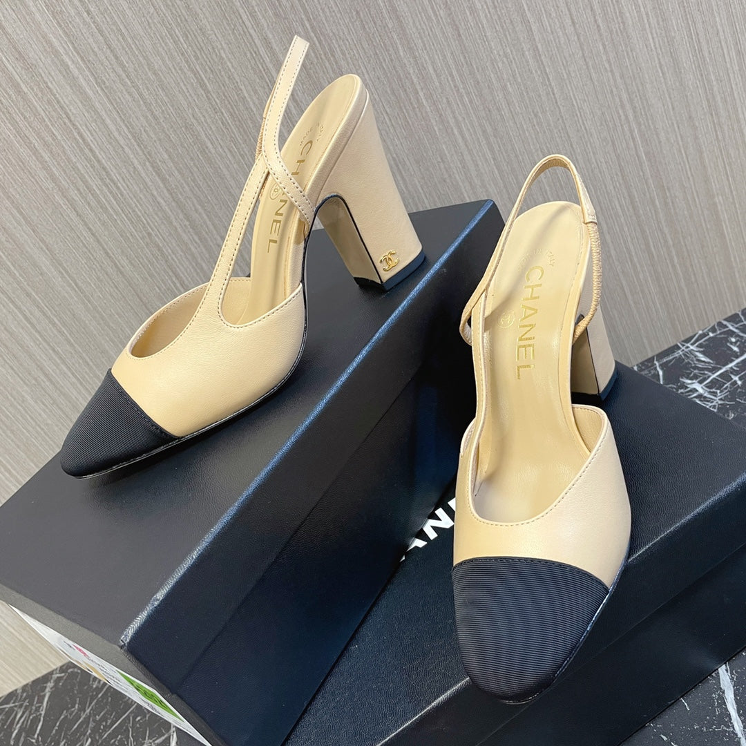 CC 26s Slingbacks  9.5cm Heels Beige Black Leather Patent Canvas 108831