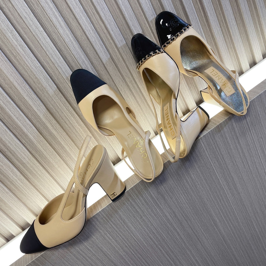 CC 26s Slingbacks  9.5cm Heels Beige Black Leather Patent Canvas 108831