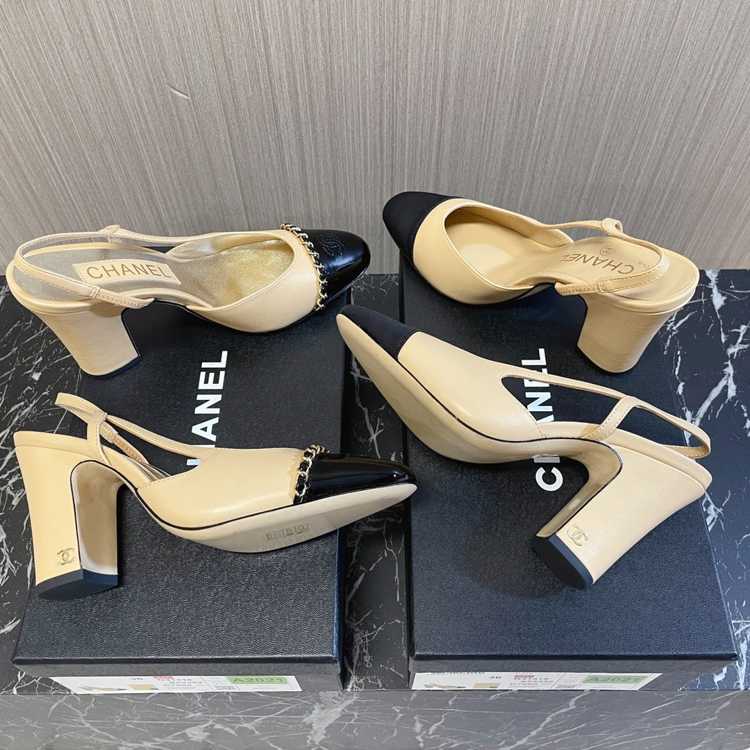 CC 26s Slingbacks  9.5cm Heels Beige Black Leather Patent Canvas 108831