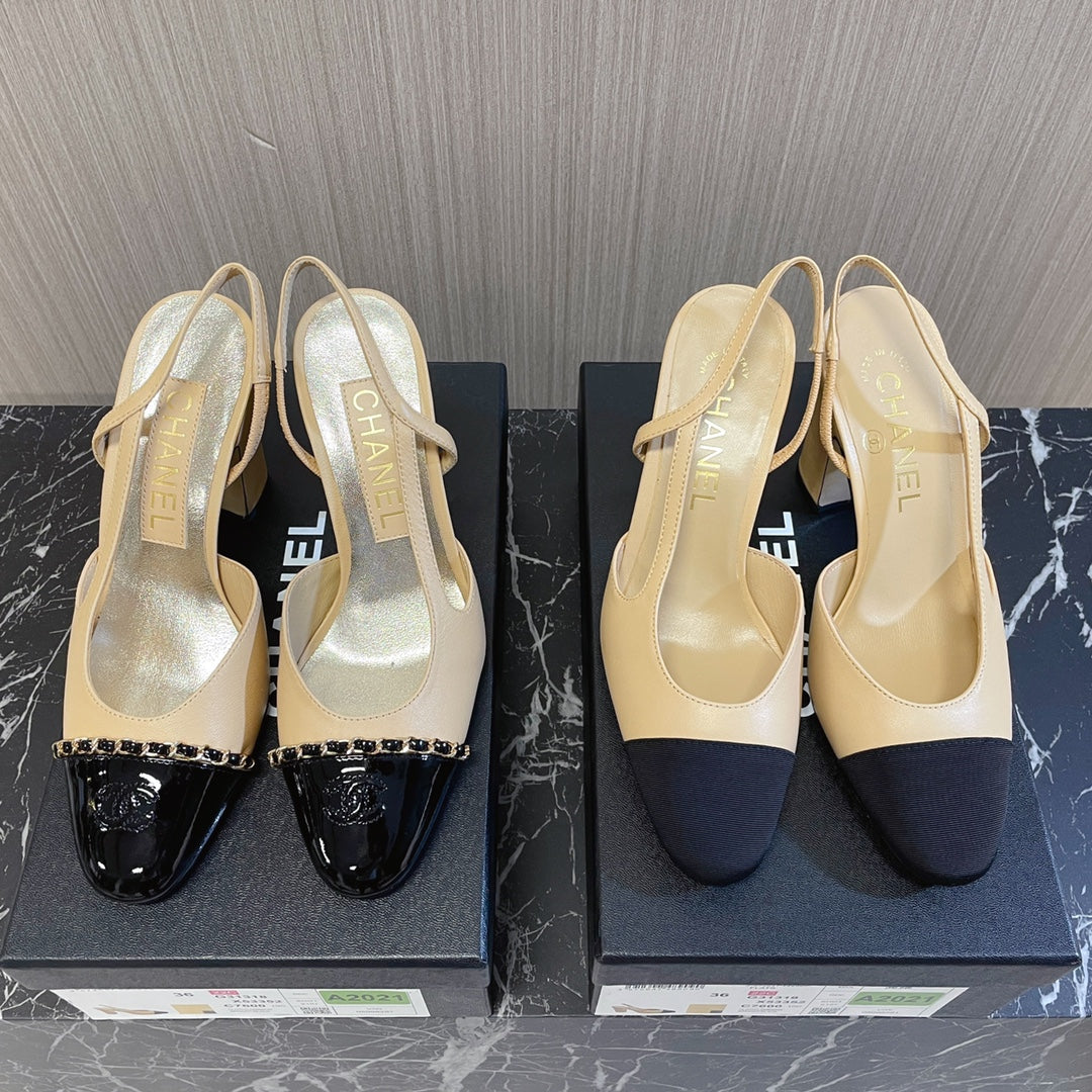 CC 26s Slingbacks  9.5cm Heels Beige Black Leather Patent Canvas 108831